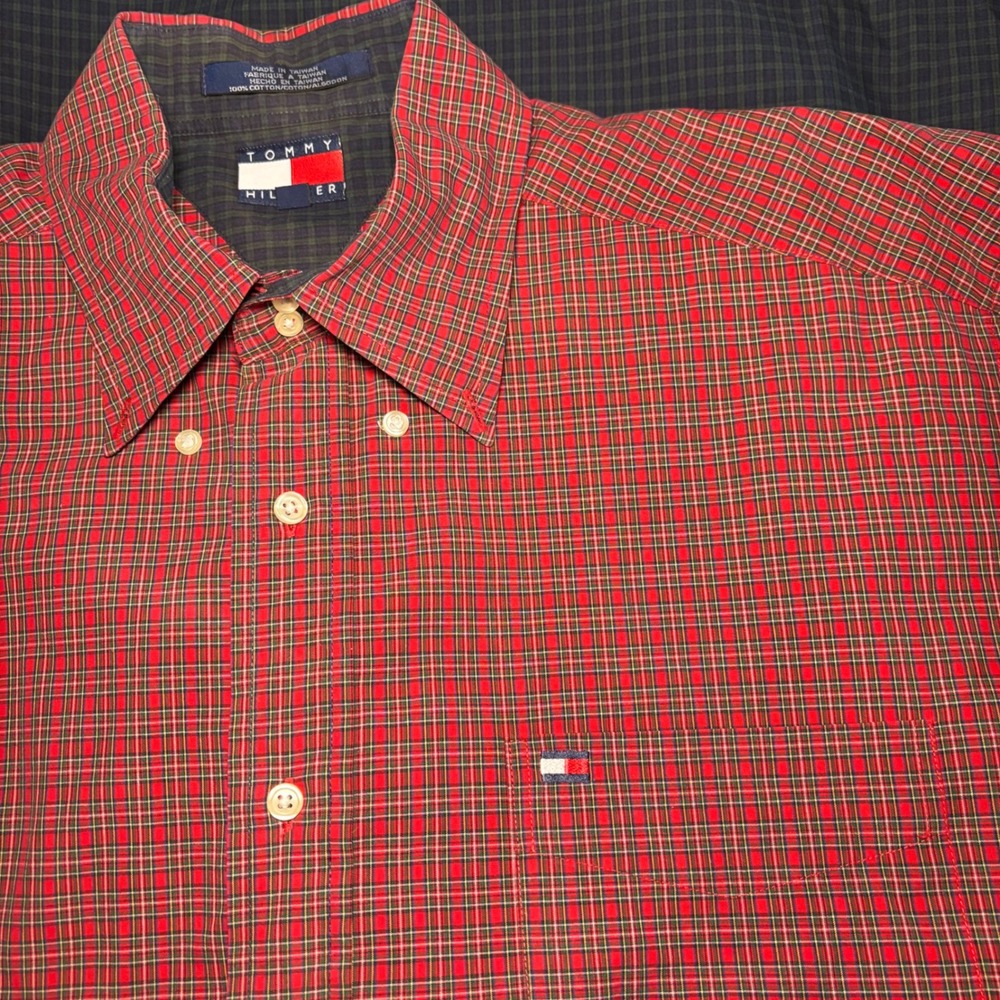 VTG‎ Y2K Tommy Hilfiger Colorblock Plaid Button Down Shirt Mens Large Red Navy